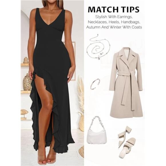 Women Sexy V Neck Sleeveless Mesh Ruffle Hem Bodycon Maxi Casual Backless High - Picture 5 of 6
